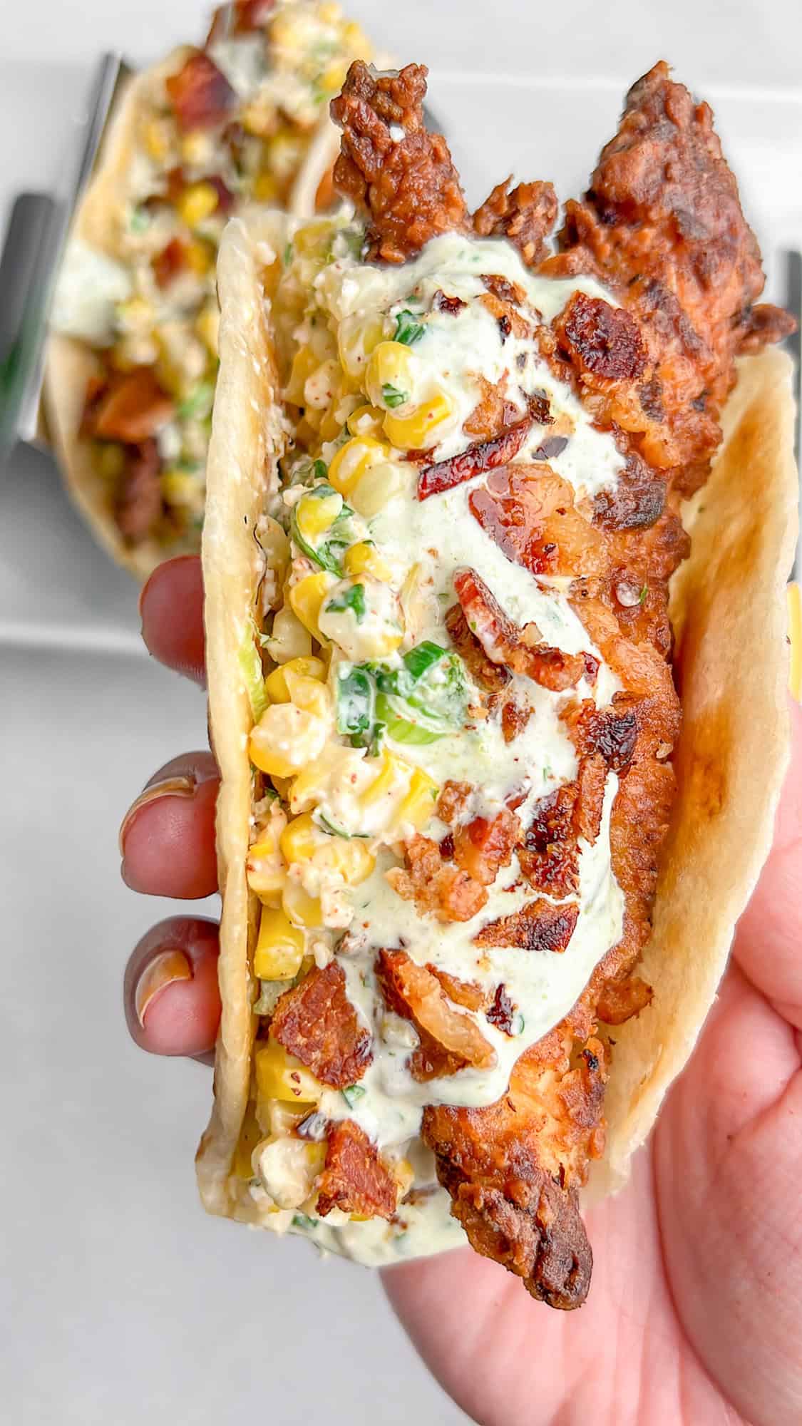 Fried Chicken Street Corn Tacos with Bacon and Jalapeno Lime Ranch