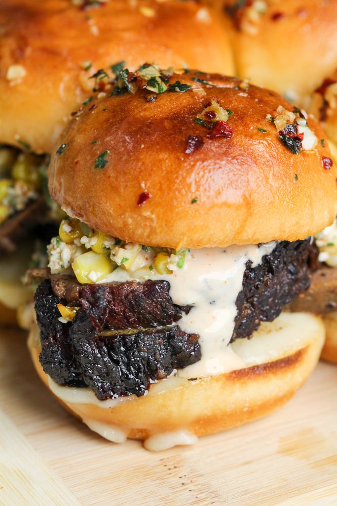 Elote Brisket Sliders with Alabama White Barbecue Bad Batch Baking