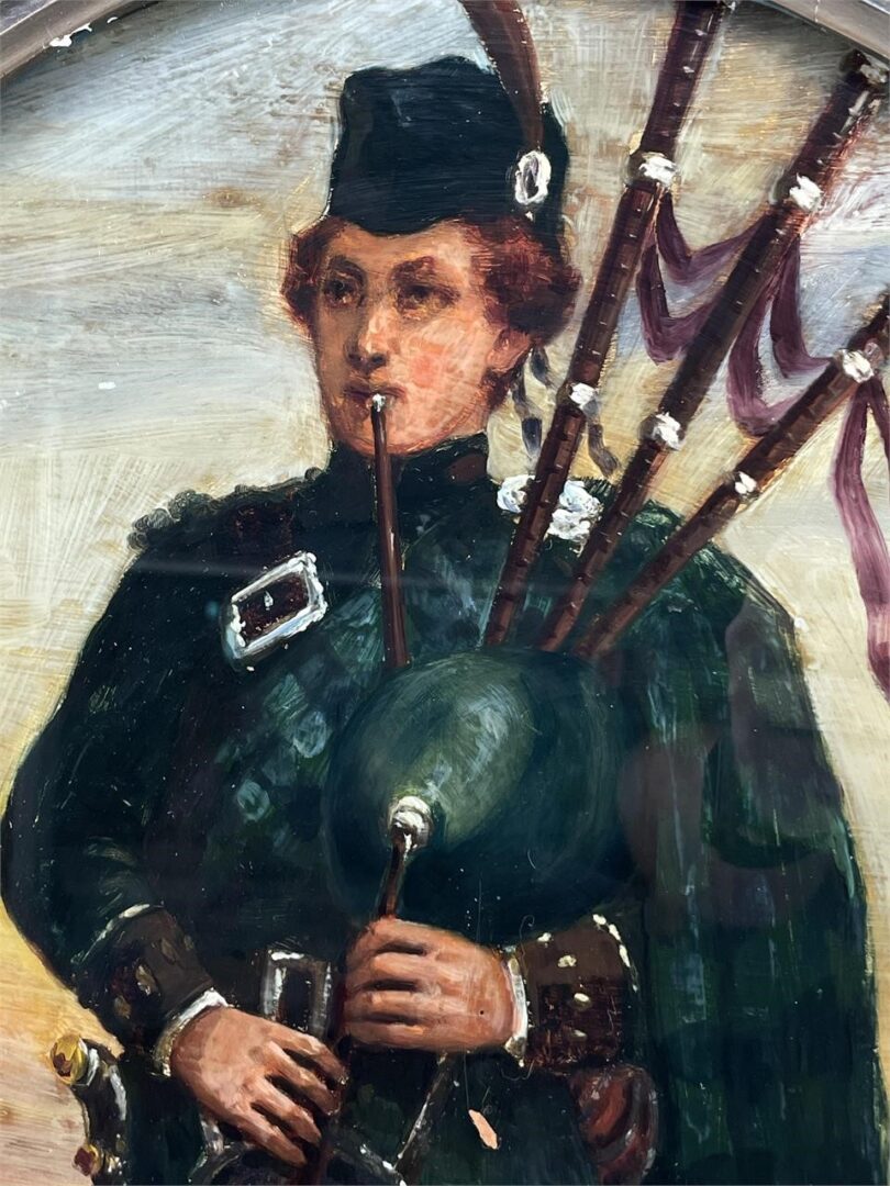 Bagpipe Central AUCTION Scottish Bagpipe Player Oil On Glass