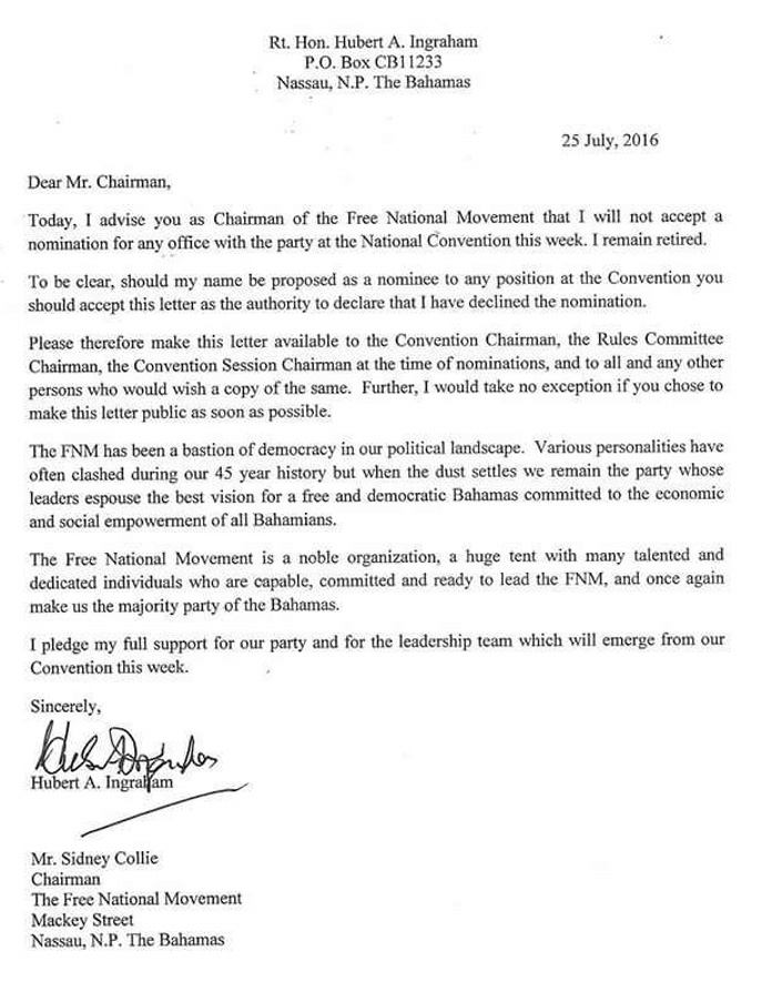 Ingraham issues letter to decline any nomination at the FNM Convention