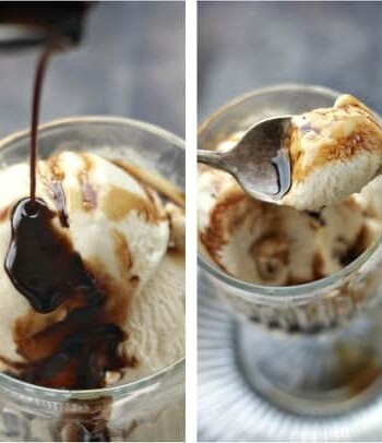 Left side: Guinness syrup poured over ice cream, right side: Spoon scooping out ice cream