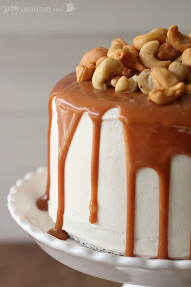 Vanilla Malt Layer Cake with Cashews and Salted Caramel