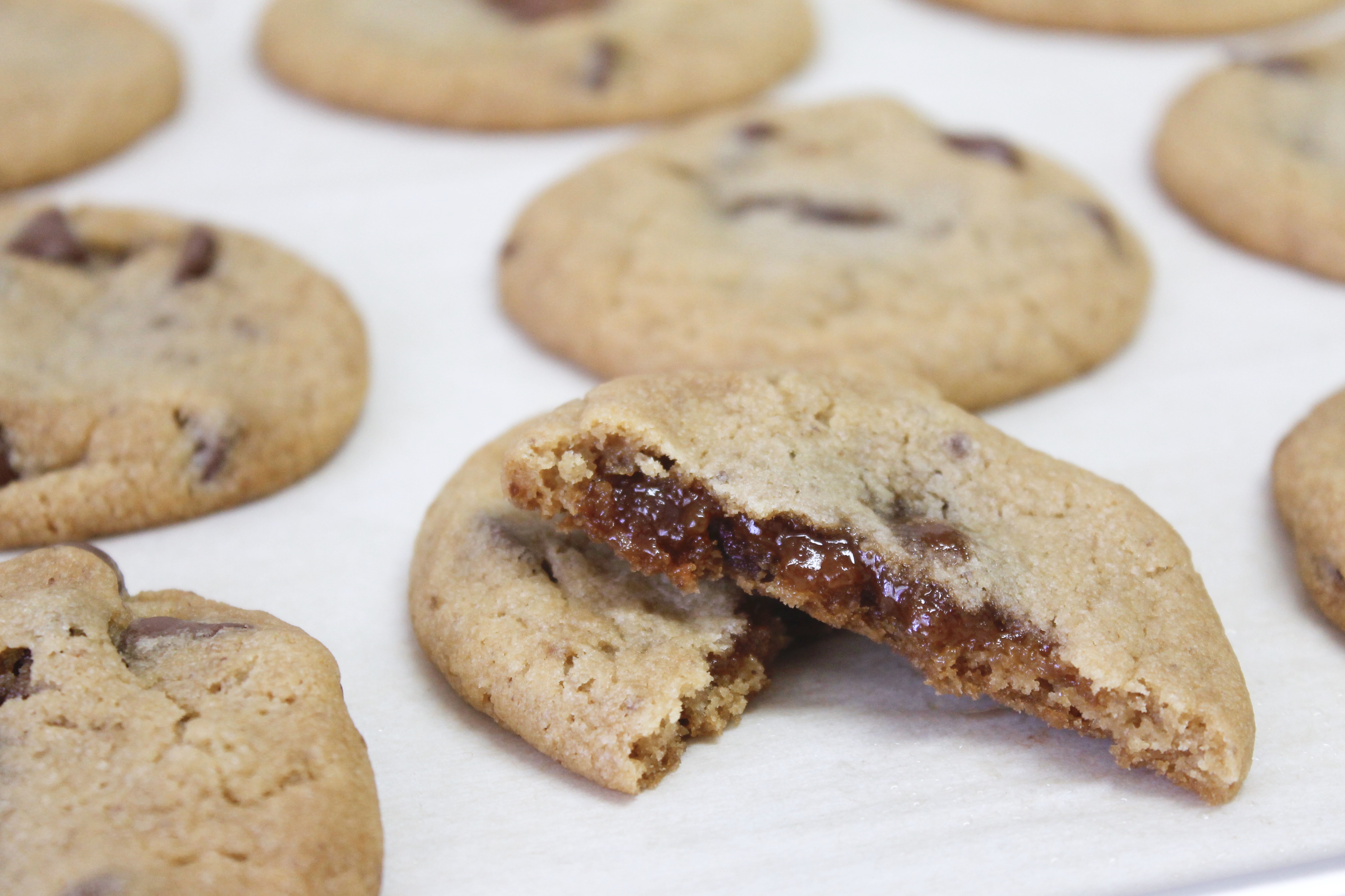 Vegan Chocolate Chip Cookies with Caramel Filling