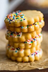 Close up photo of pile of shortbread cookies.