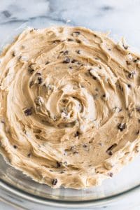 Overhead photo of Small-batch Cookie Dough Frosting in a bowl.