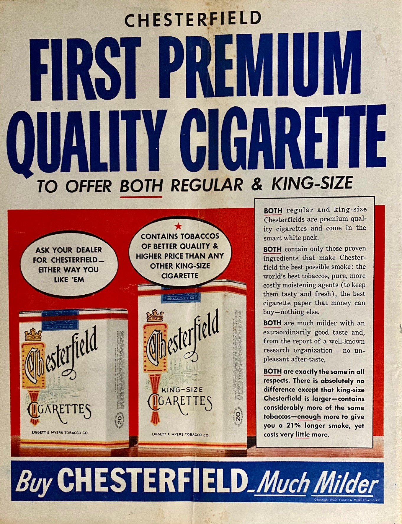 CHESTERFIELD CIGARETTES AD 1952. Buy Chesterfield Bamboo Trading