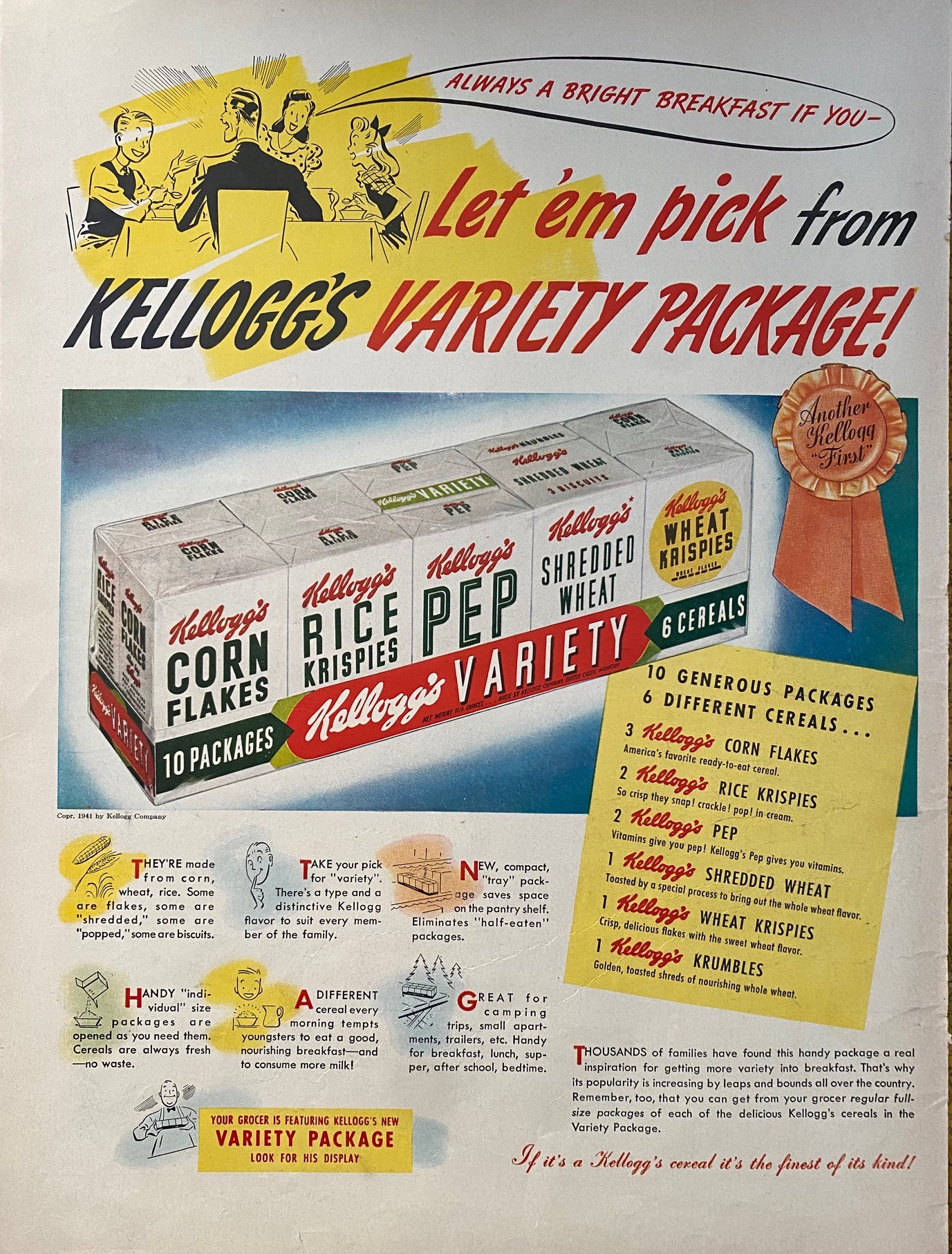 KELLOGG’S VARIETY PACKAGE 1939 Ad Packed 10 boxes and 6 kinds of