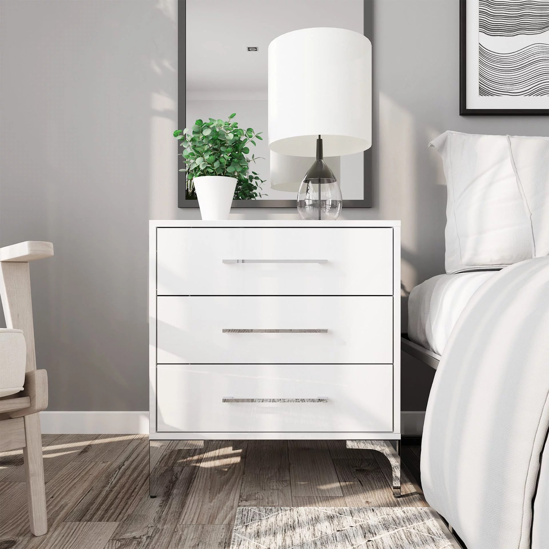 High Gloss Three Drawer Bedside Table White BAM!