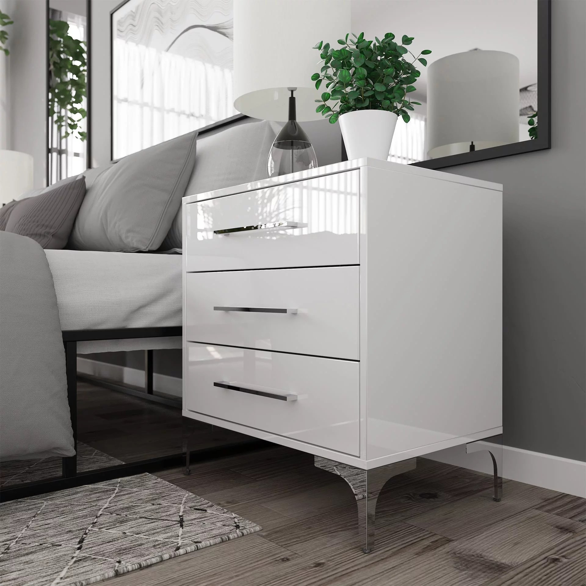 High Gloss Three Drawer Bedside Table White BAM!