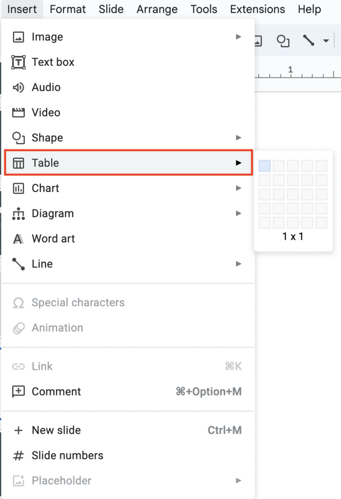 How to create a table in Google Slides