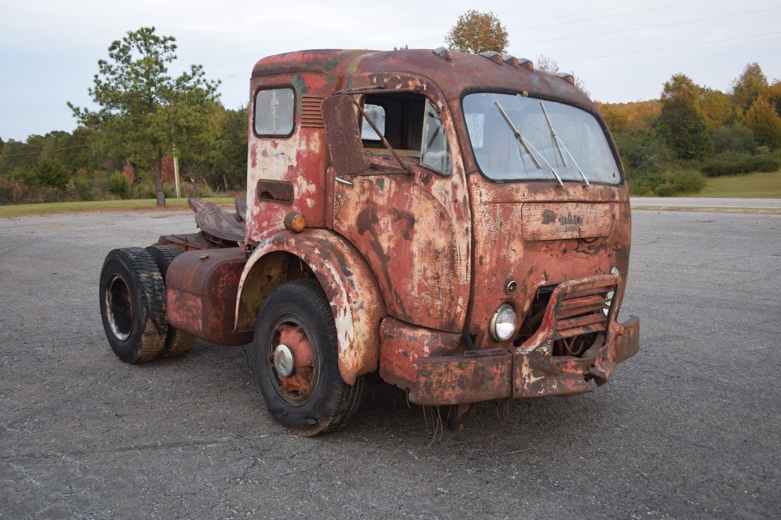 Two Old White Cabover Cabs junkyard find rust patina
