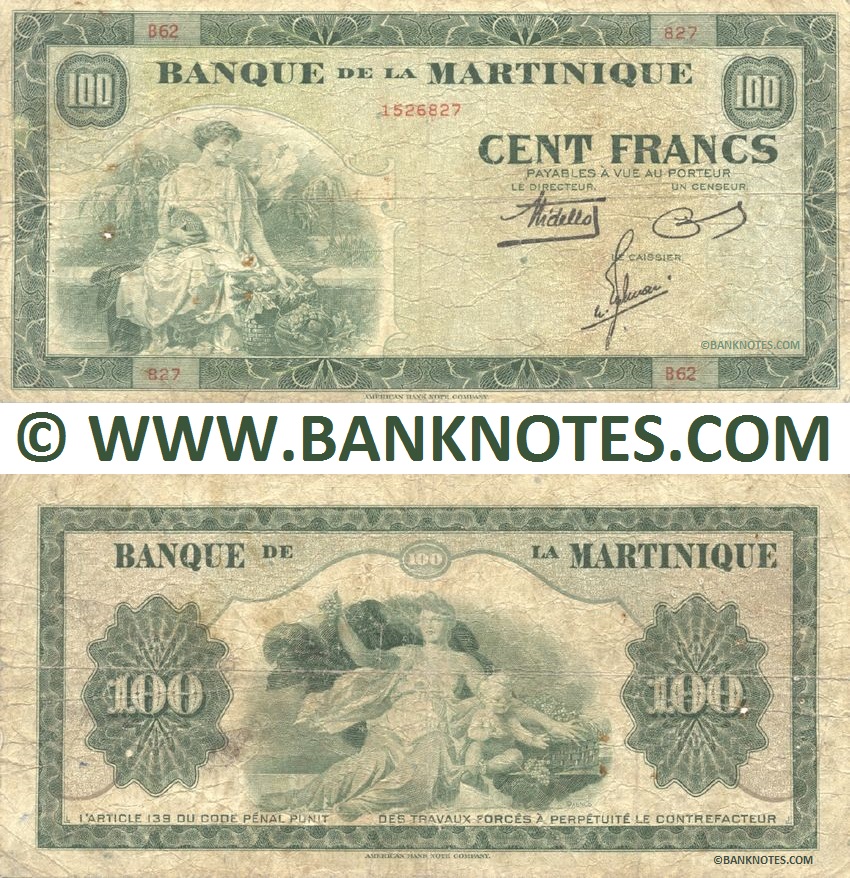 Martinique 100 Francs 1942 Martinican Currency Banknotes, Caribbean