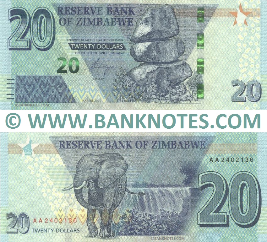 Zimbabwe 20 Dollars 2020 Zimbabwean Currency Banknotes, African Paper