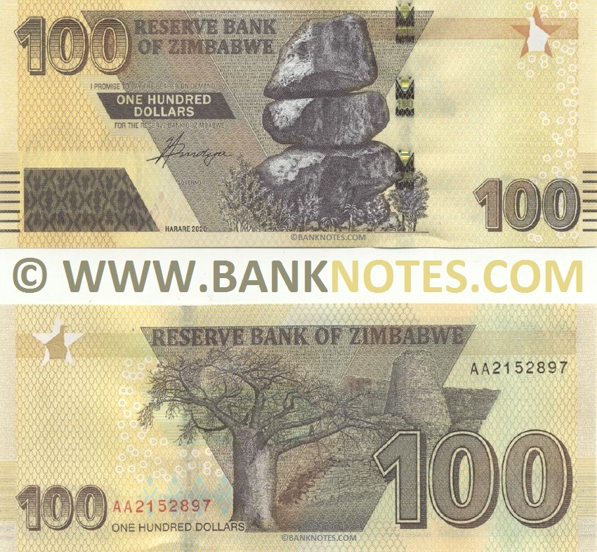 Zimbabwe 100 Dollars 2020 Zimbabwean Currency Banknotes, African