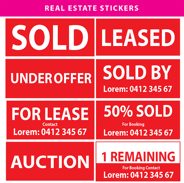 Real Estate Stickers (Sold Leased For Sale For lease Auction Under Offer) Banner House