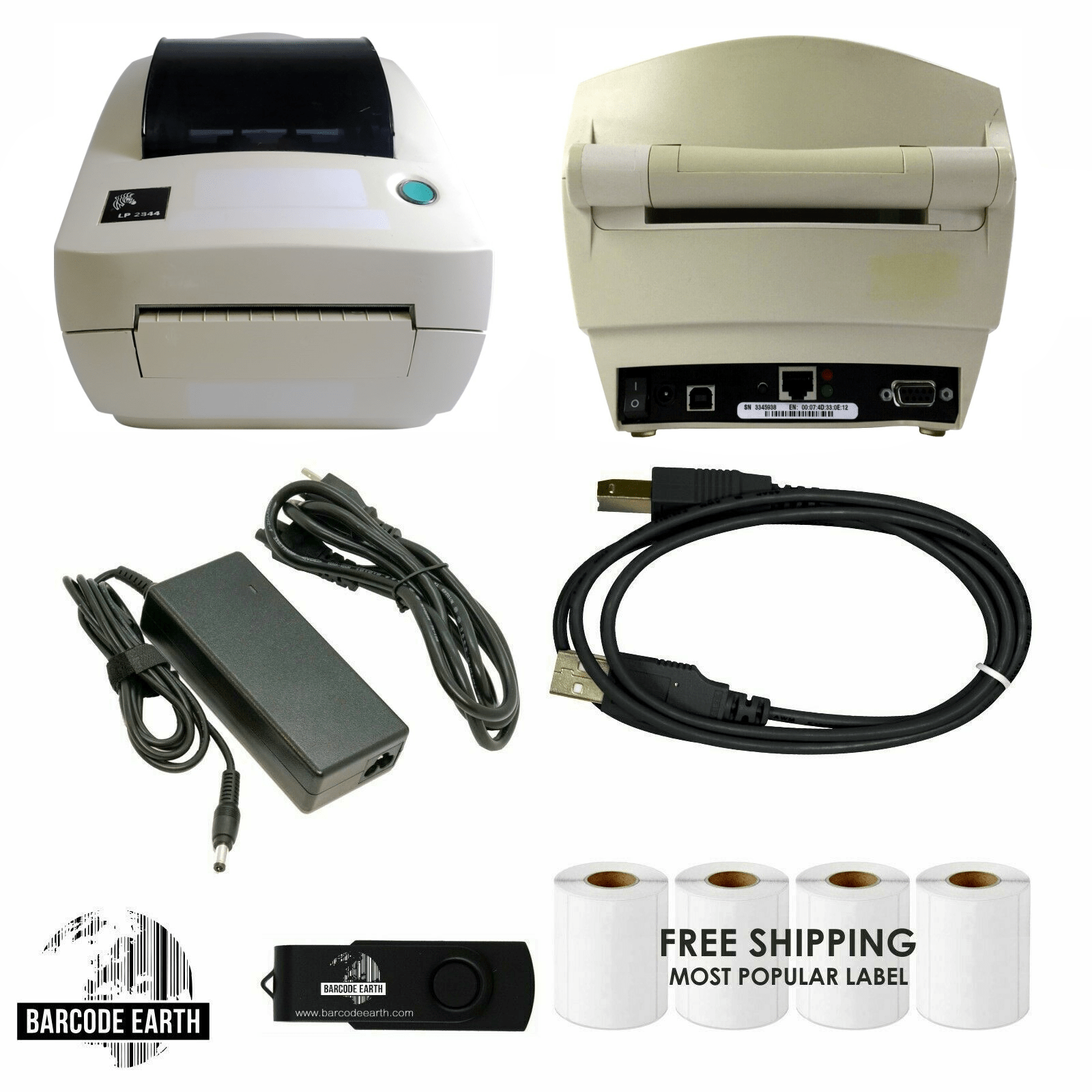 Zebra LP2844 Printer Bundle With 1000 Labels, Power, USB, and More
