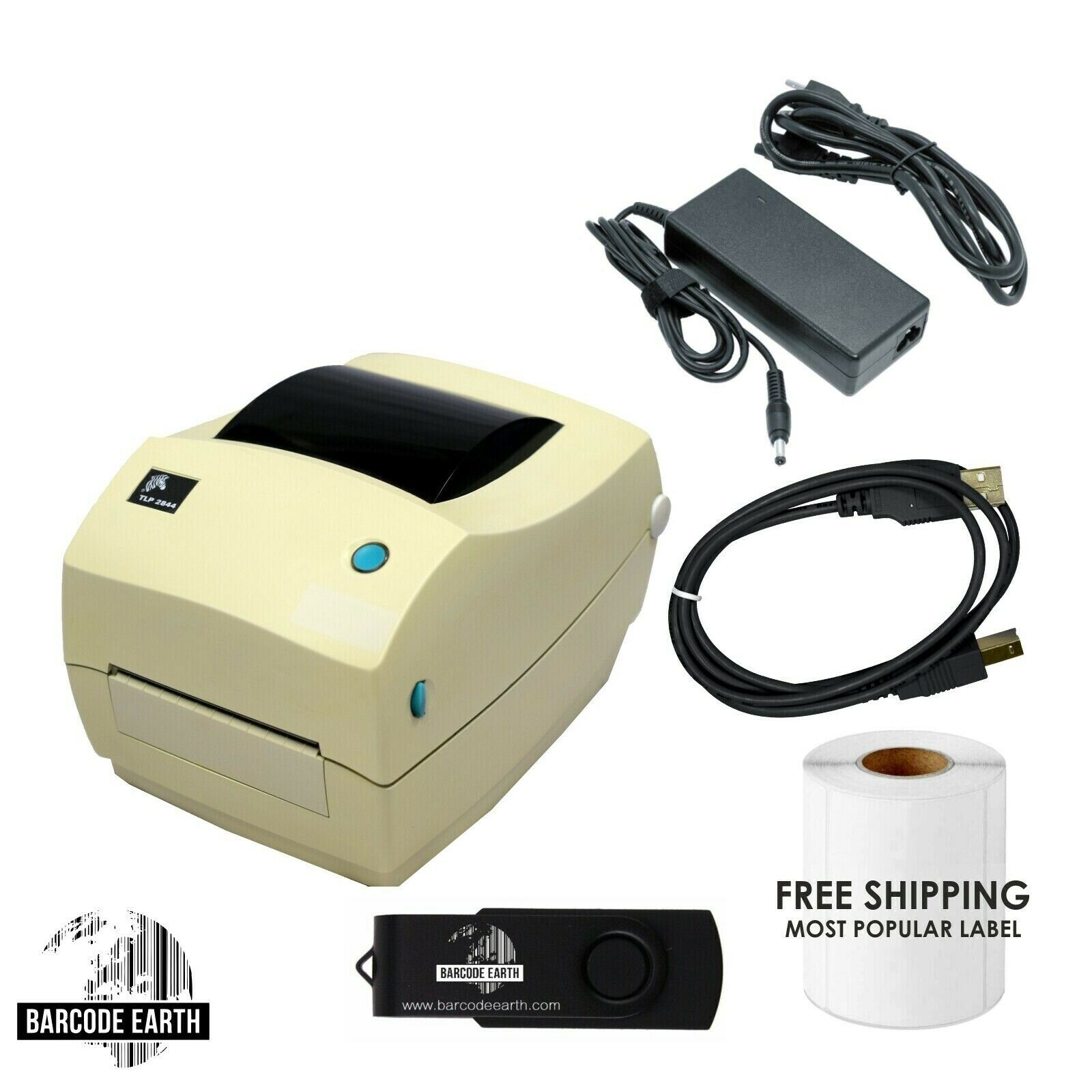 Zebra TLP2844Z Yellowed USB and Shipping Printer Bundle; Full