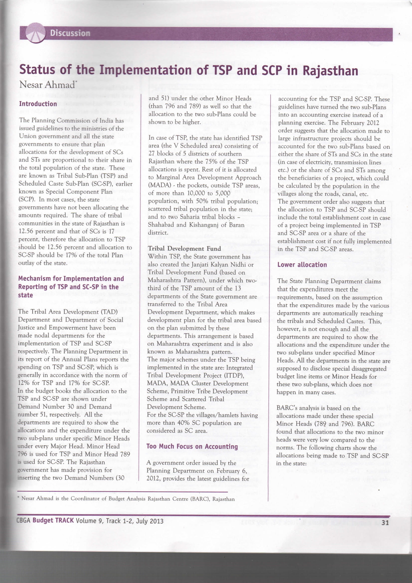 Status of implementation of TSP and SCSP in Rajasthan Budget