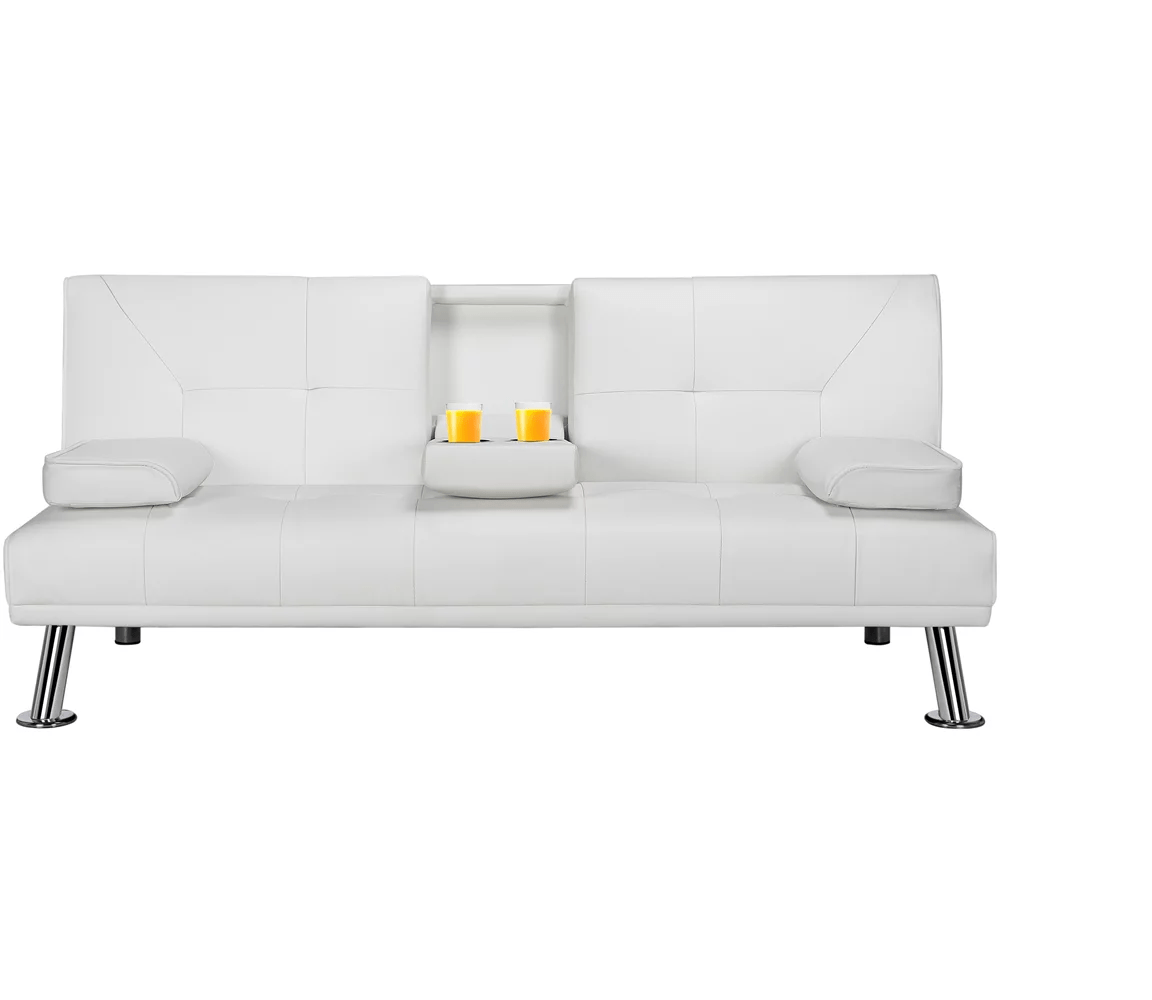 LuxuryGoods Modern Faux Leather Futon with Cupholders and Pillows