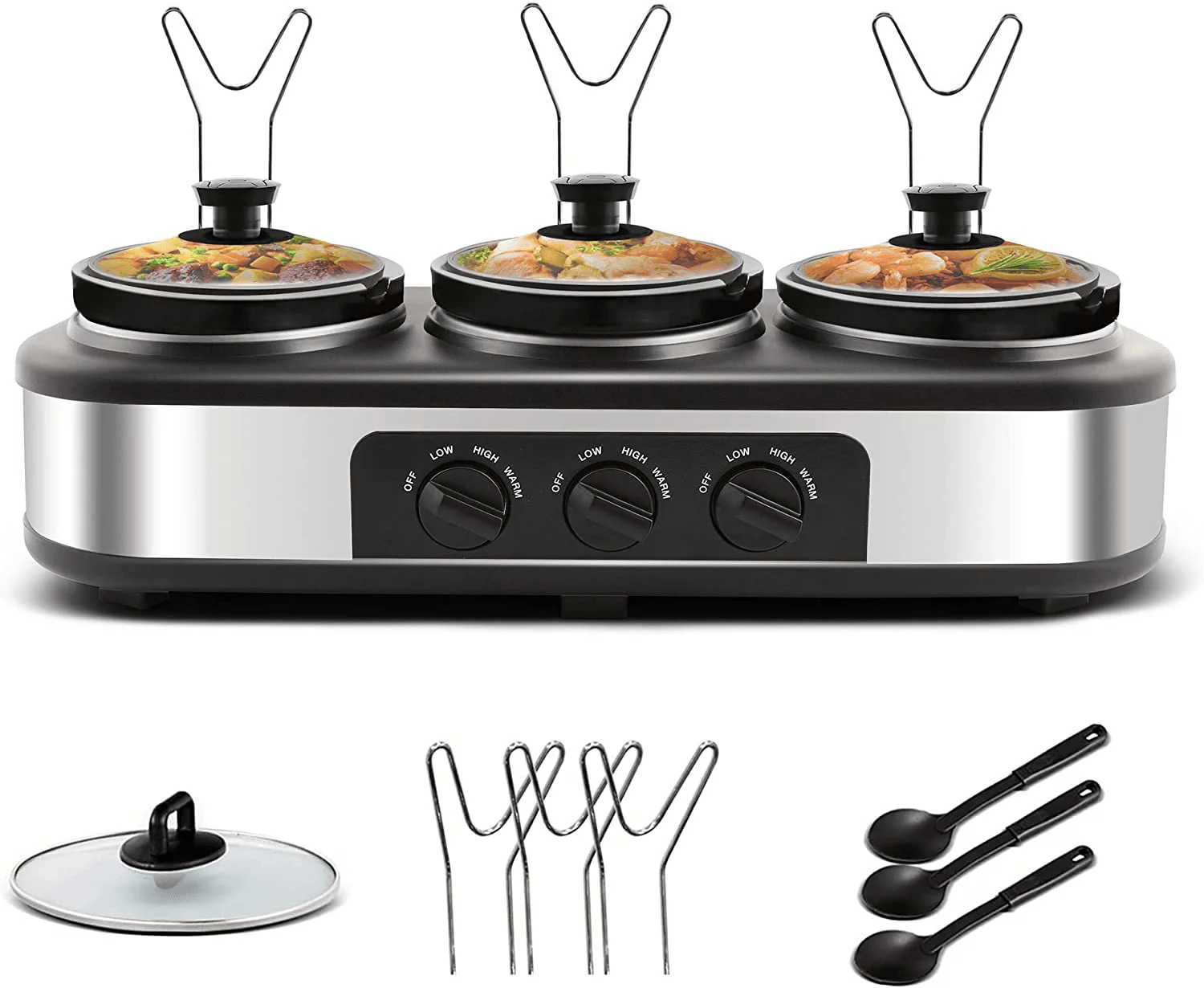 Triple Slow Cooker with 3 Spoons, 3 Pot 1.5 Quart Oval Crock Food