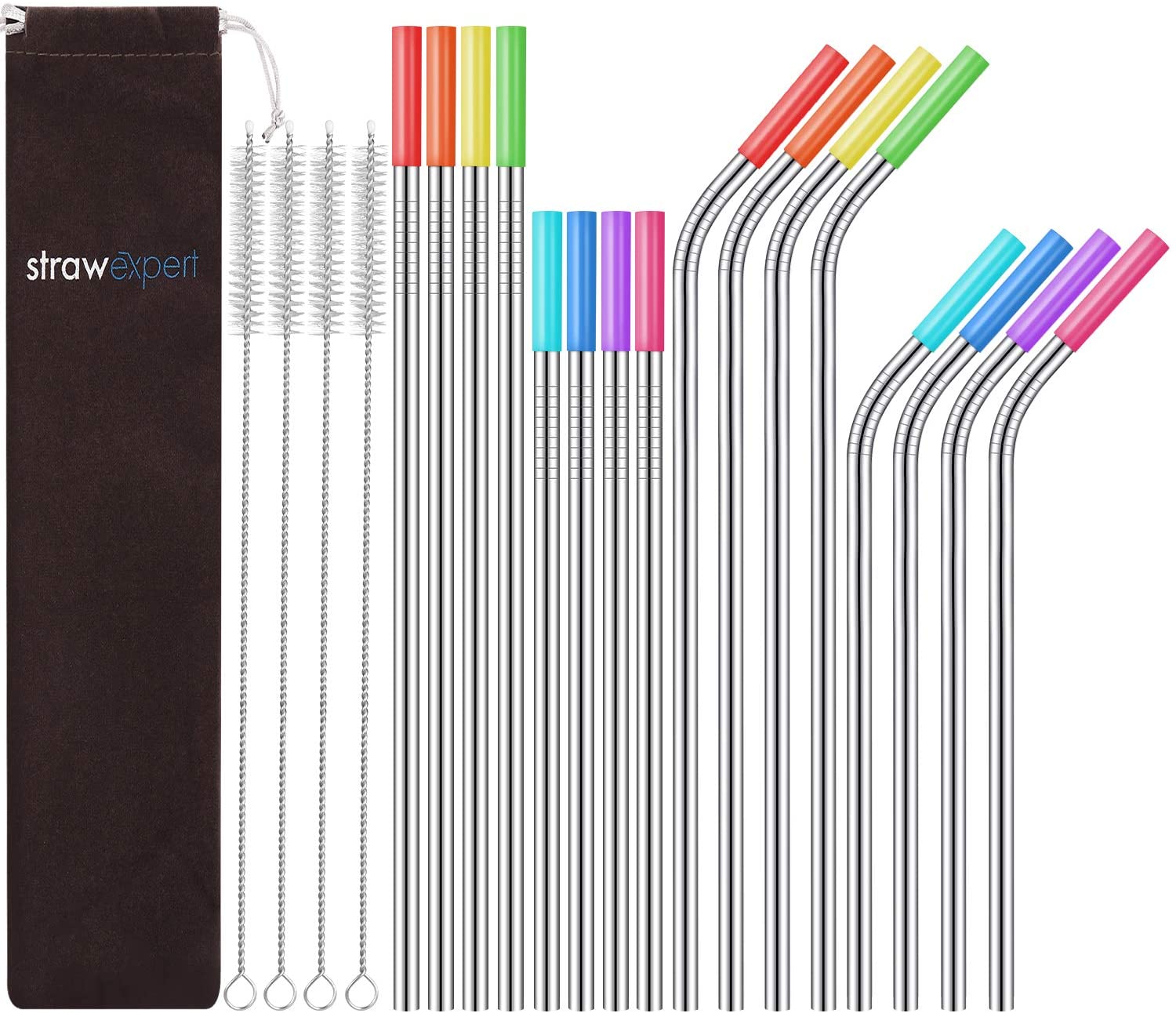 StrawExpert Set of 16 Reusable Stainless Steel Straws with Travel Case
