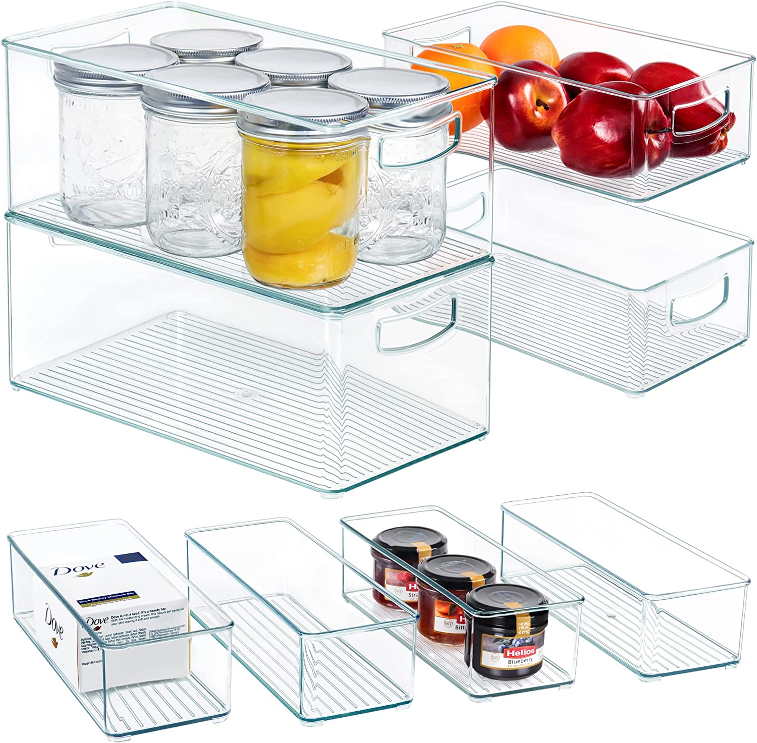 Hudgan 8 PACK Stackable Pantry Organizer Bins (3 sizes) Clear Fridge