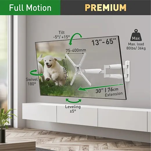 13" 65" Extra Long TV Wall Mount, Full Motion Extension, Swivel