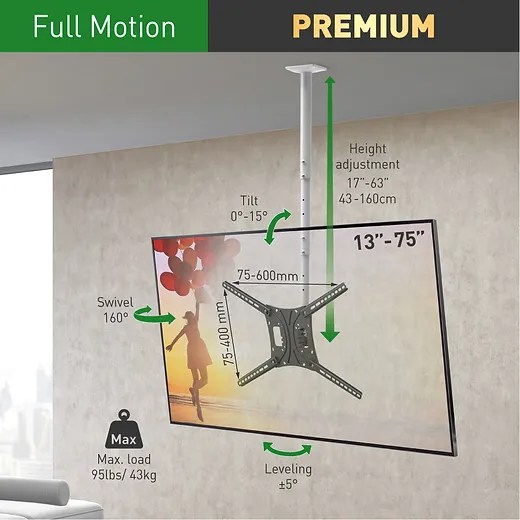 13" 75" Long TV Ceiling Mount, Full Motion Height Adjustment