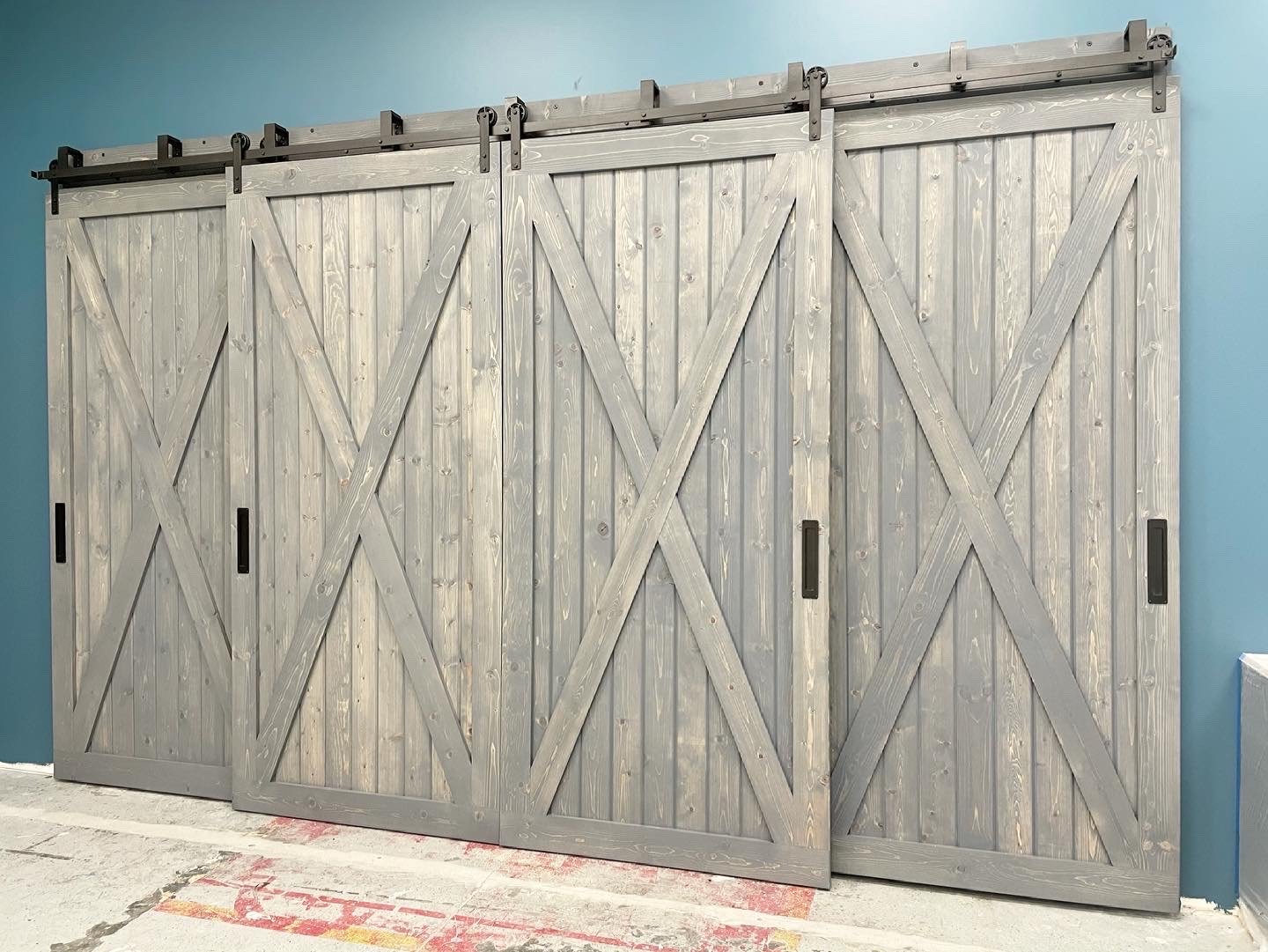 Pine X Brace Barn Doors with Bypass Hardware & Recessed Handles Barn