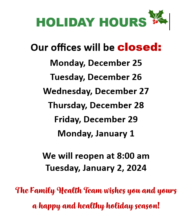 Holiday Hours Barrie and Community Family Health Team