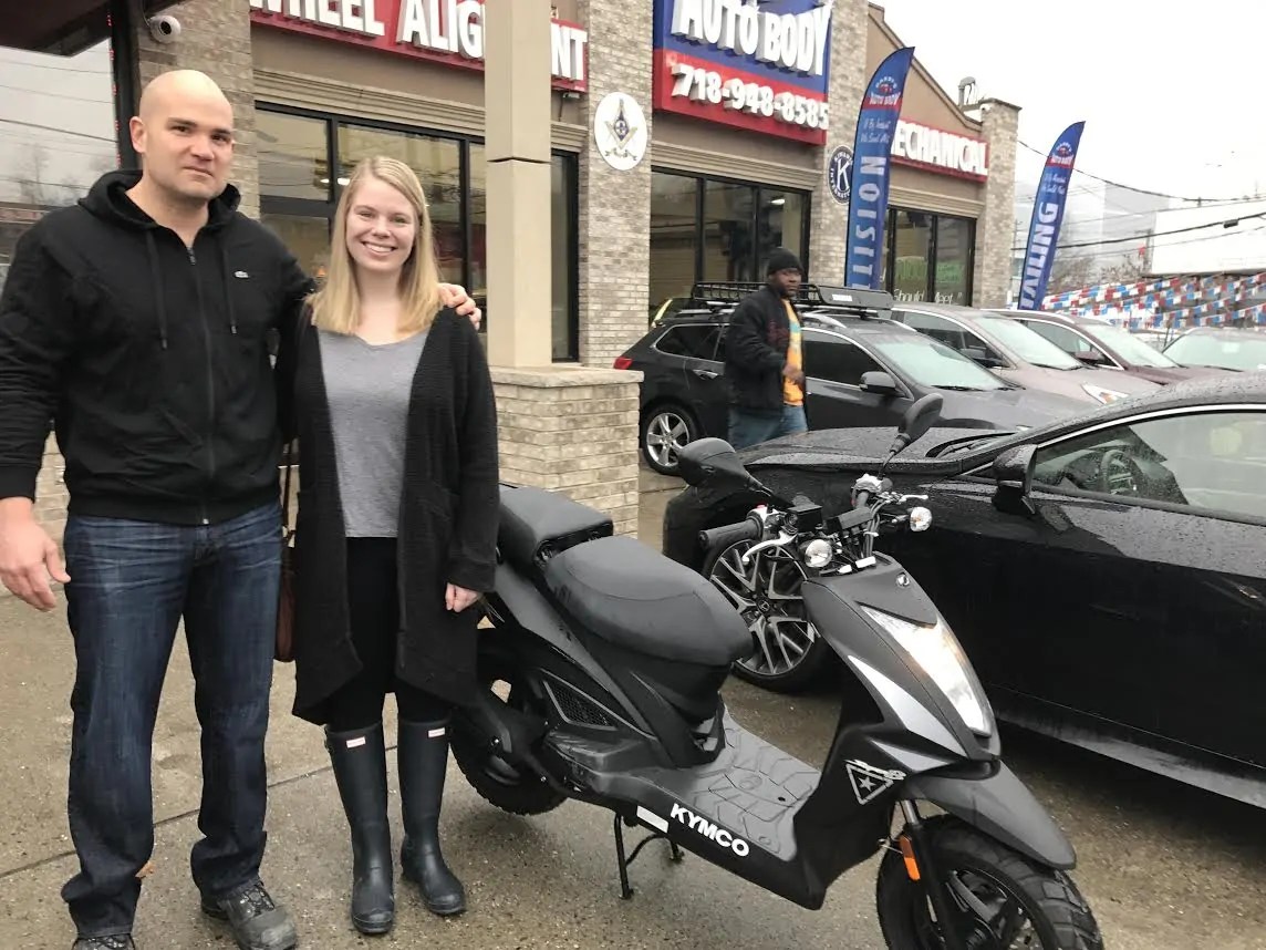 Winner of Barry’s Auto Body Scooter GiveAway Meets Her New Ride
