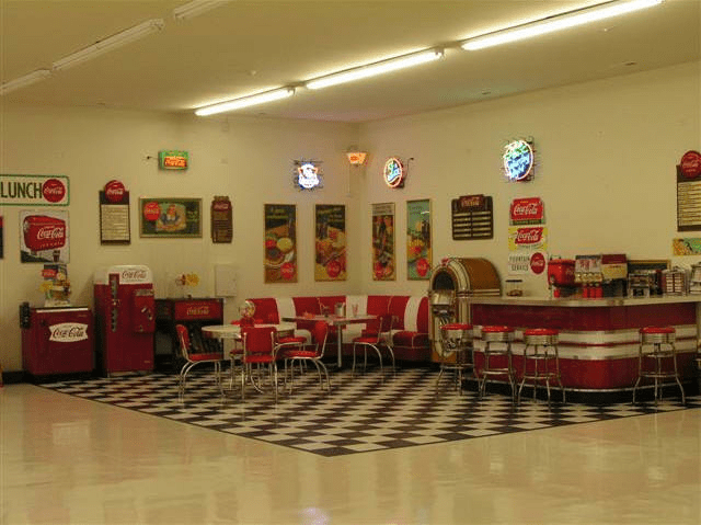Lewis Retro Garage Bar, Diner Booths, Jukebox, Soda Machine