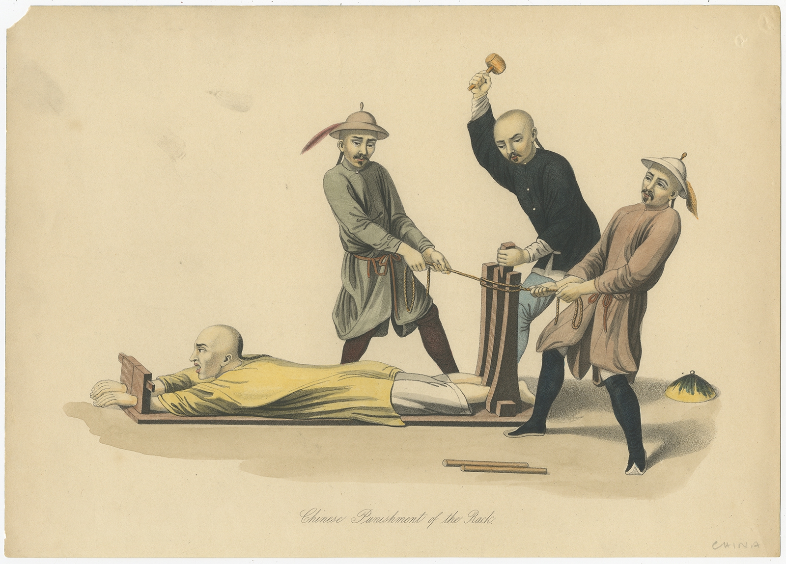 Antique Print of Chinese Punishment of the Rack by Allom (1859)