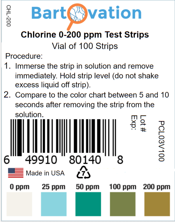Restaurant Chlorine Sanitizer Plastic Test Strips, 0200 ppm Moisture