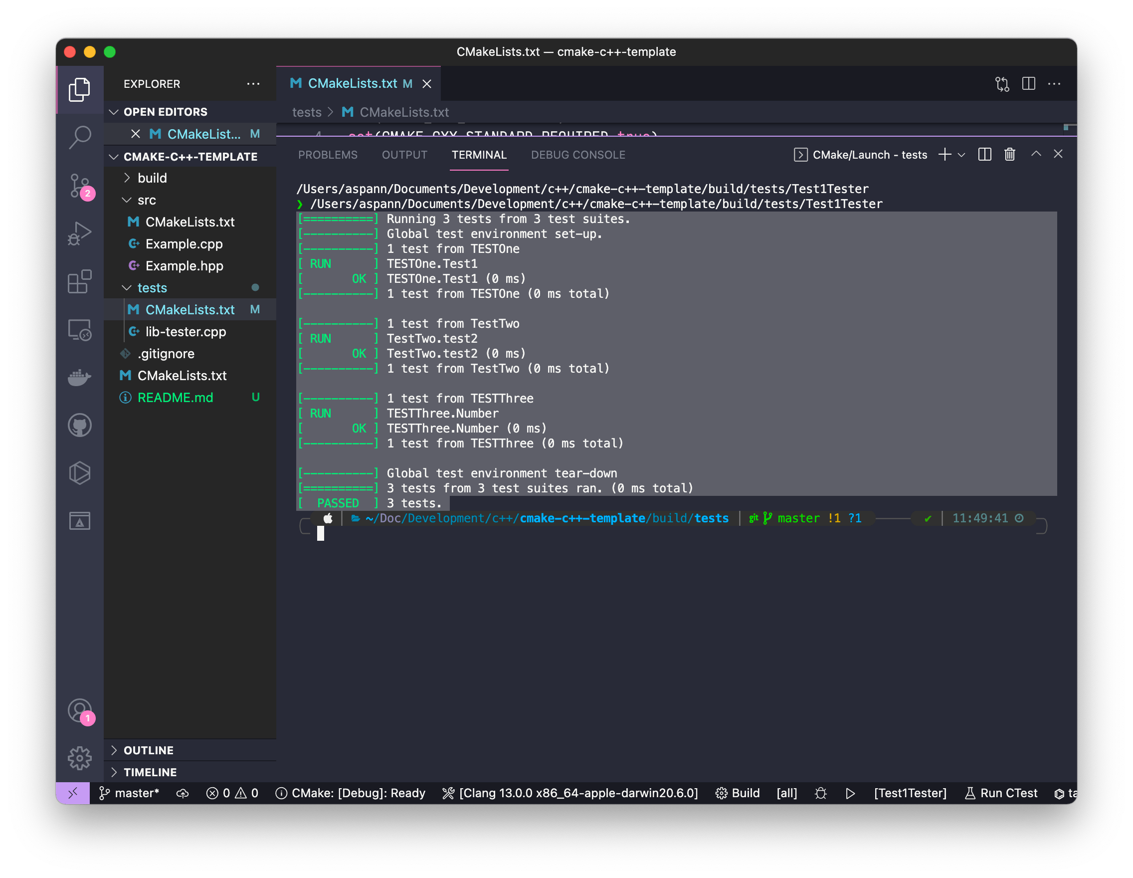A barebones C++ library template using CMake and Google Test