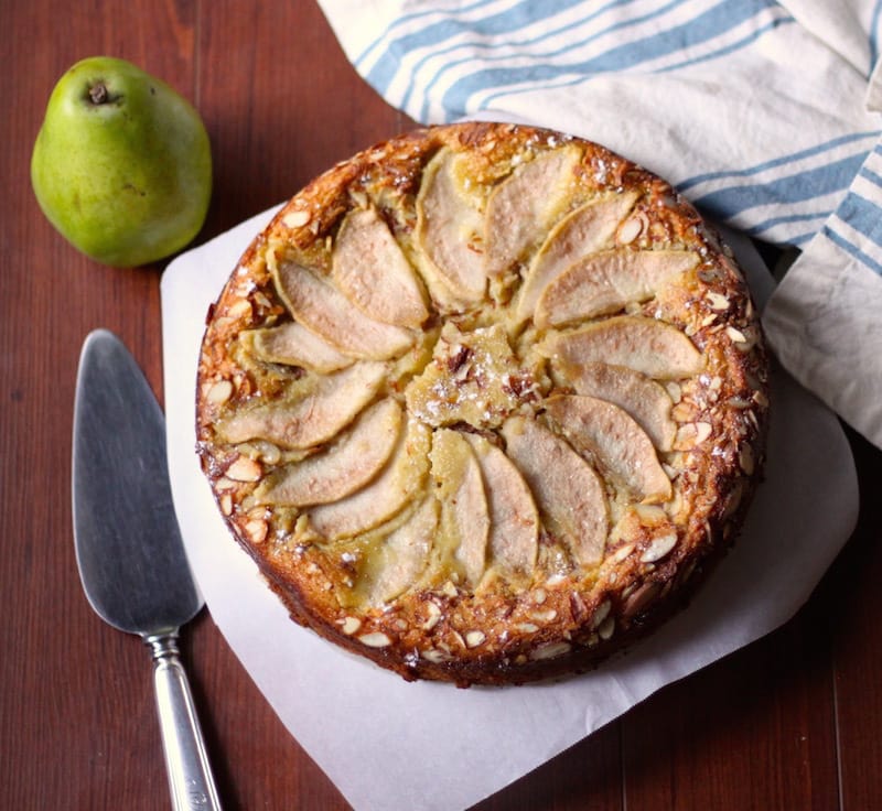 Gluten Free Almond Flour Cake with Pears Basil And Bubbly