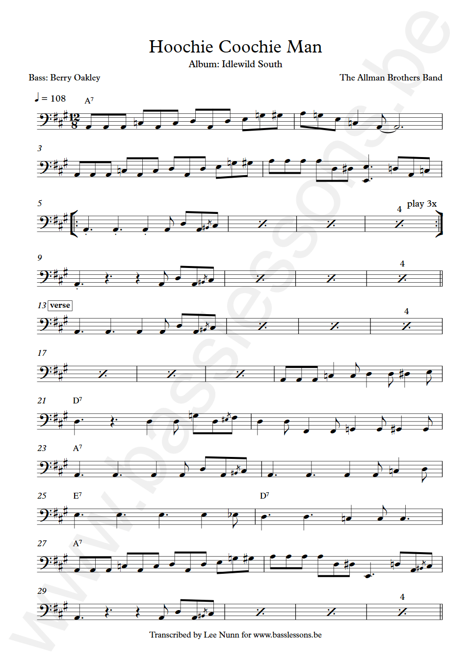 The Allman Brothers Band Hoochie Coochie Man Bas Transcriptie