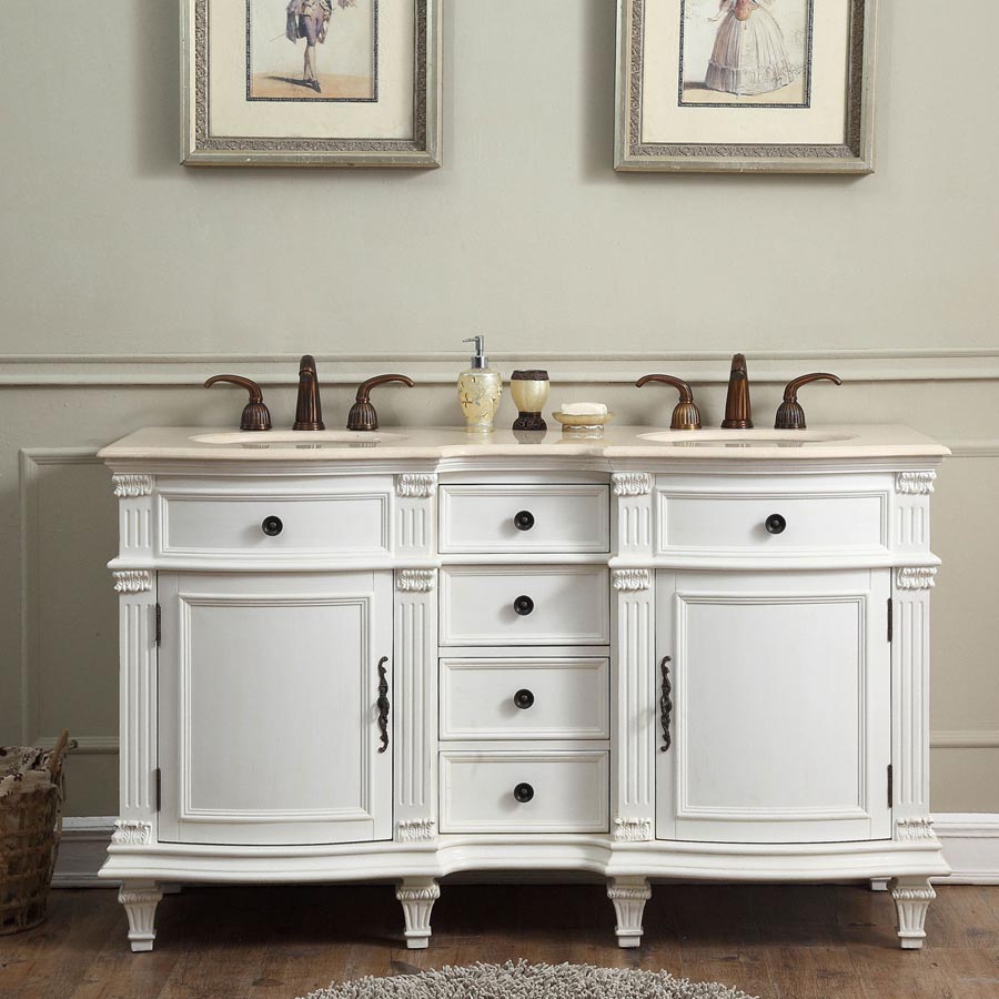 G1363 60 Double Sink Vanity Cream Marfil Marble Top