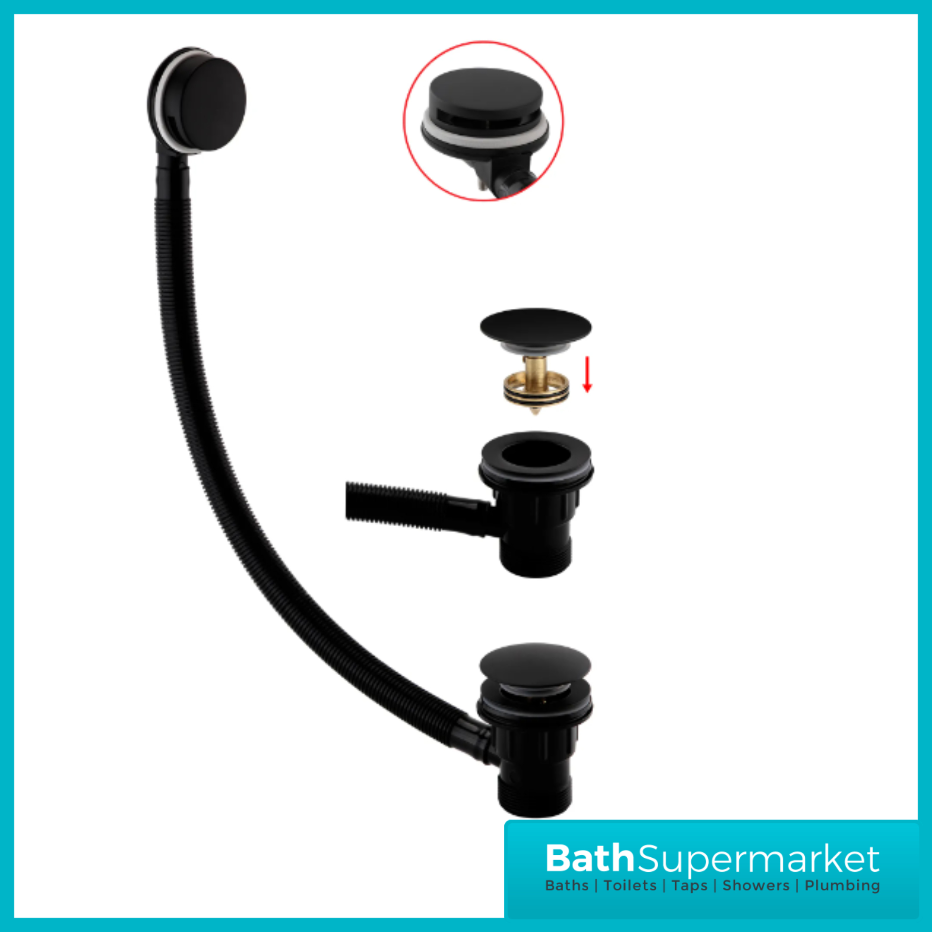 Aeris Matt Black Round Easy Clean Click Clack Bath Waste & Overflow