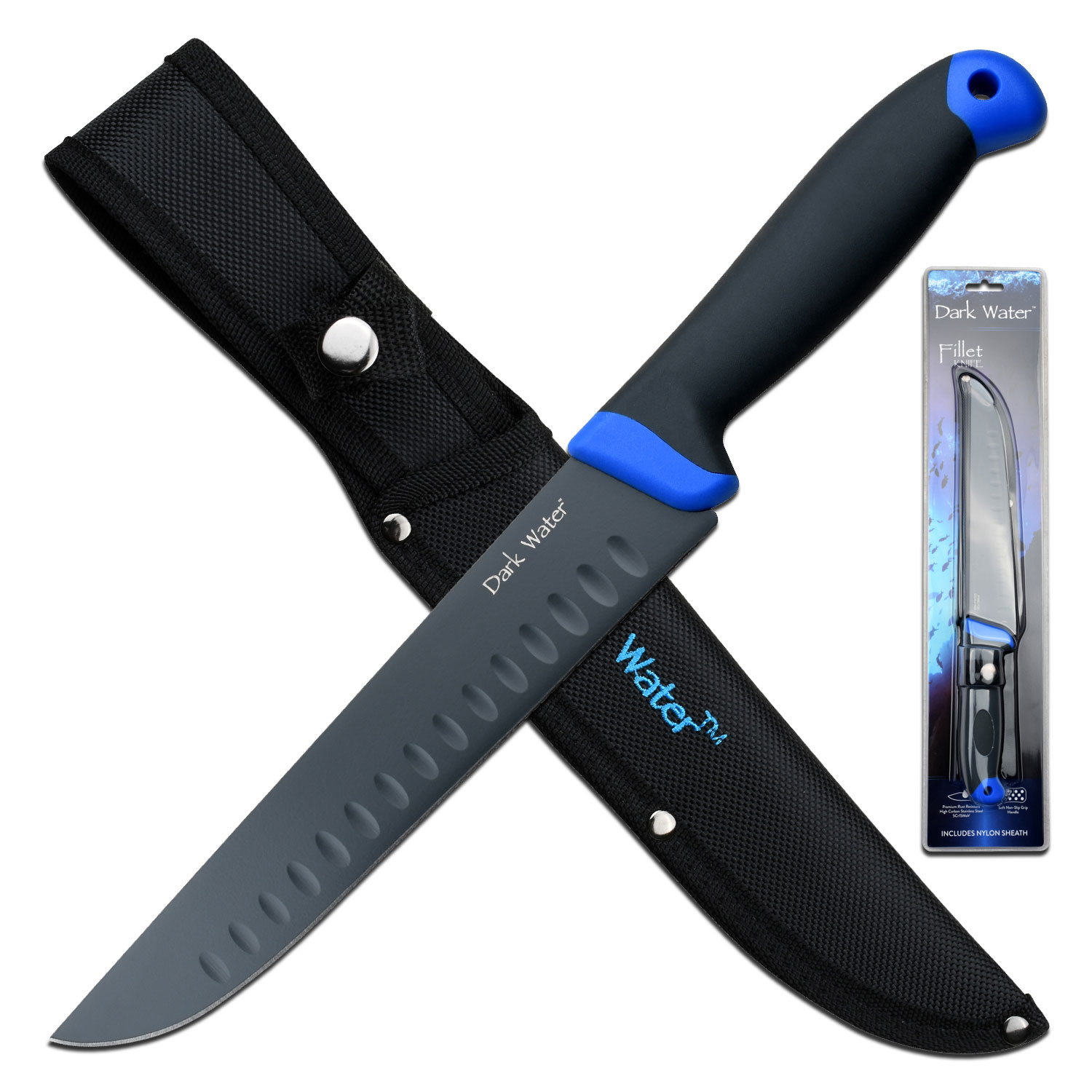 Dark Water 8in Santoku Fishing Knife with Sheath Battery Bar