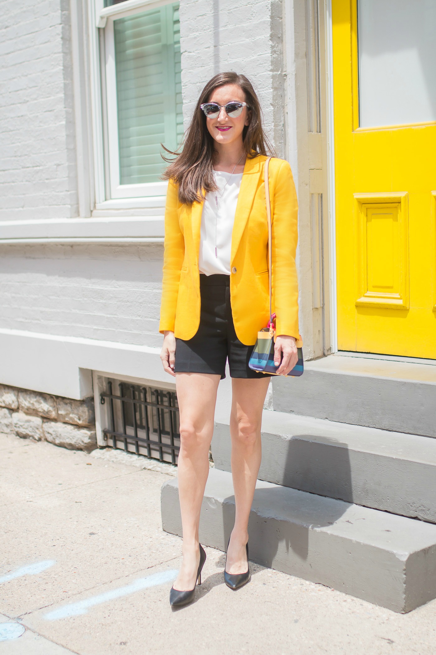 Yellow Blazer with Rainbow Striped Handbag Baubles to Bubbles