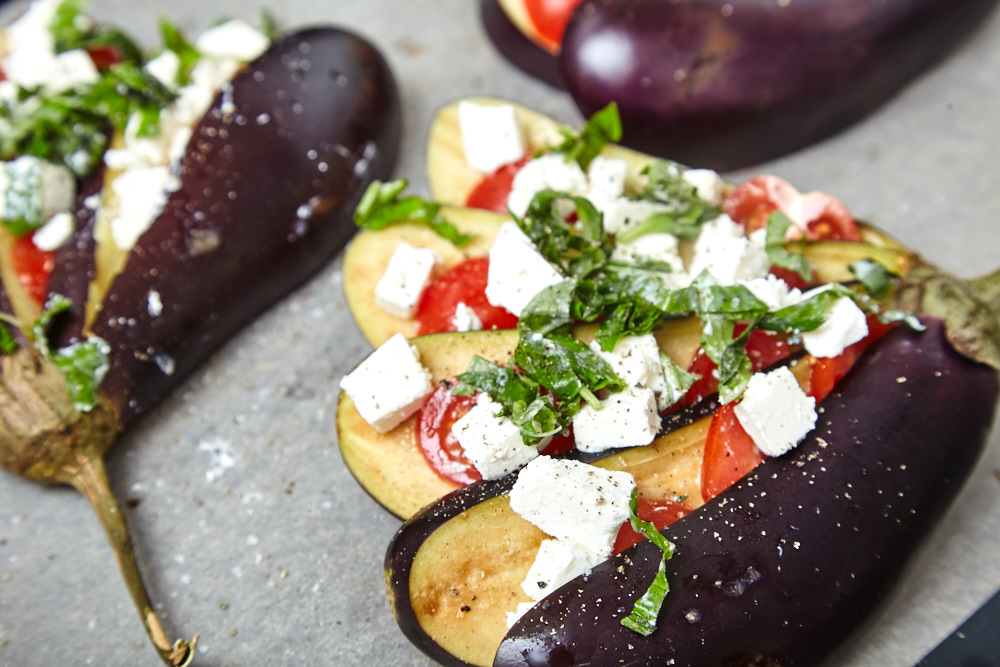 Fan Shaped Baked Eggplants with Tomatoes and Feta Cheese