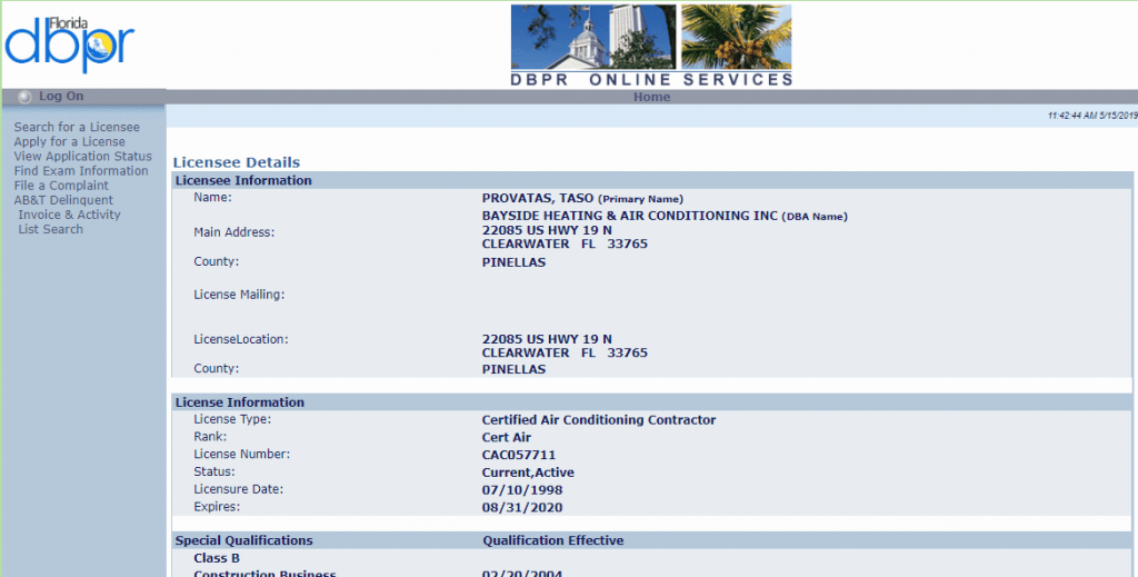 Florida DPBR Certified Air Conditioner Contractor BaysideAC