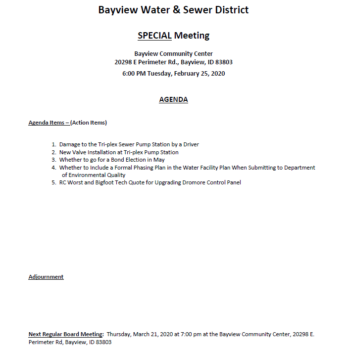 SPECIAL MEETING Bayview Water & Sewer District