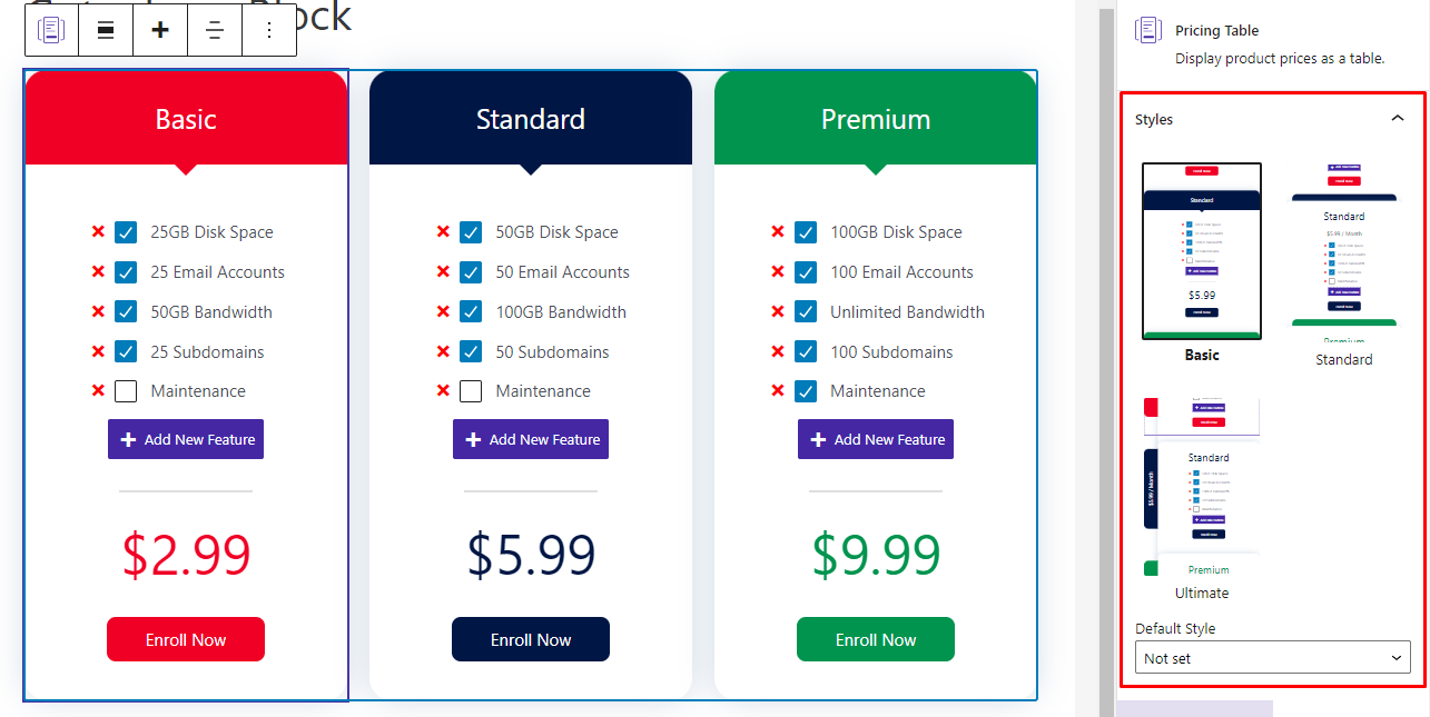 Pricing Table Block B Blocks