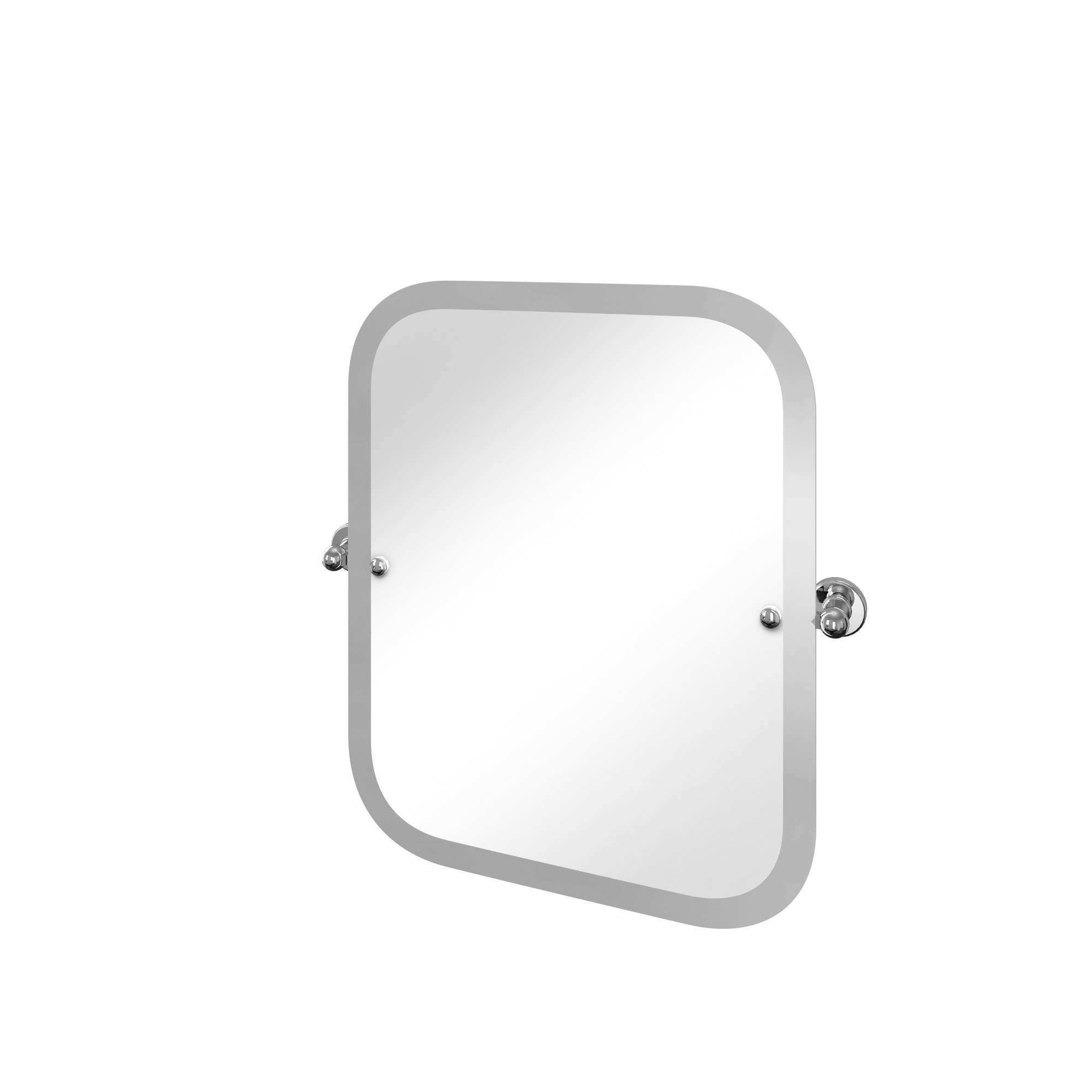 Rectangular swivel mirror with curved corners and brass wall mounts