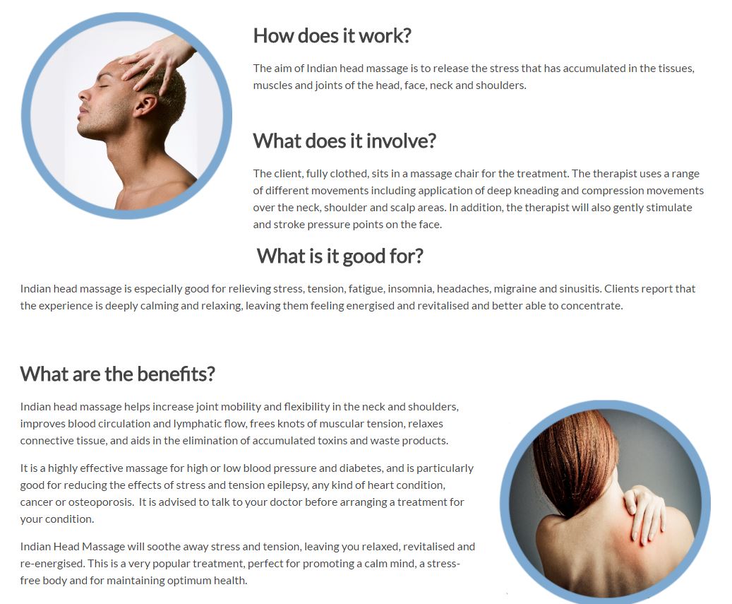 Indian Head Massage Revitalises and clears the mind Treatments and