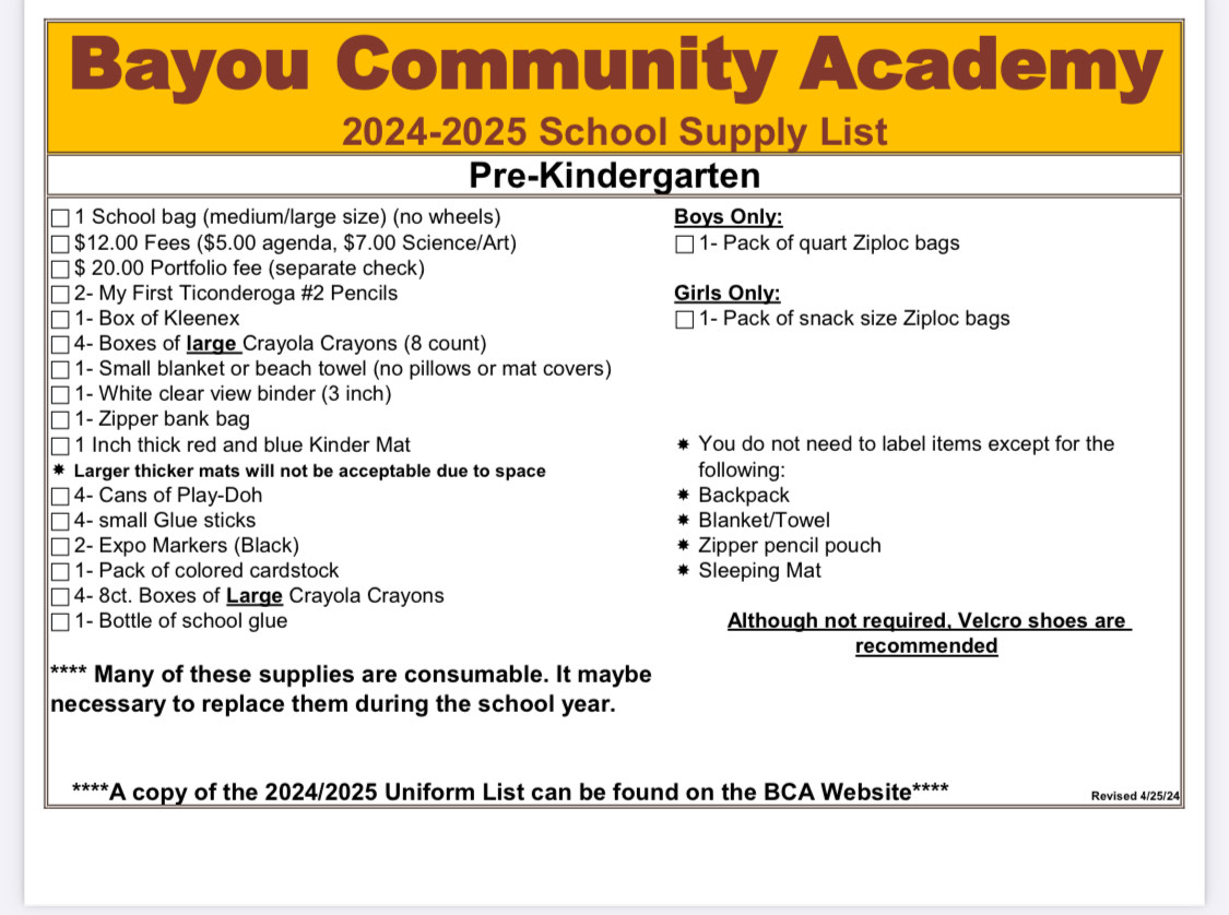 SUPPLY LIST BCA Bayou Community Academy