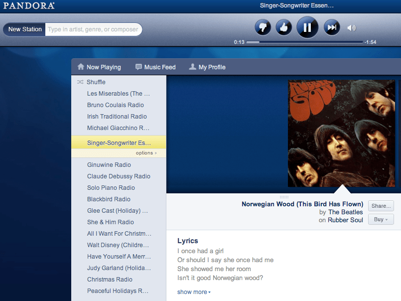 Getting stationed Pandora playlists for every mood BANG.