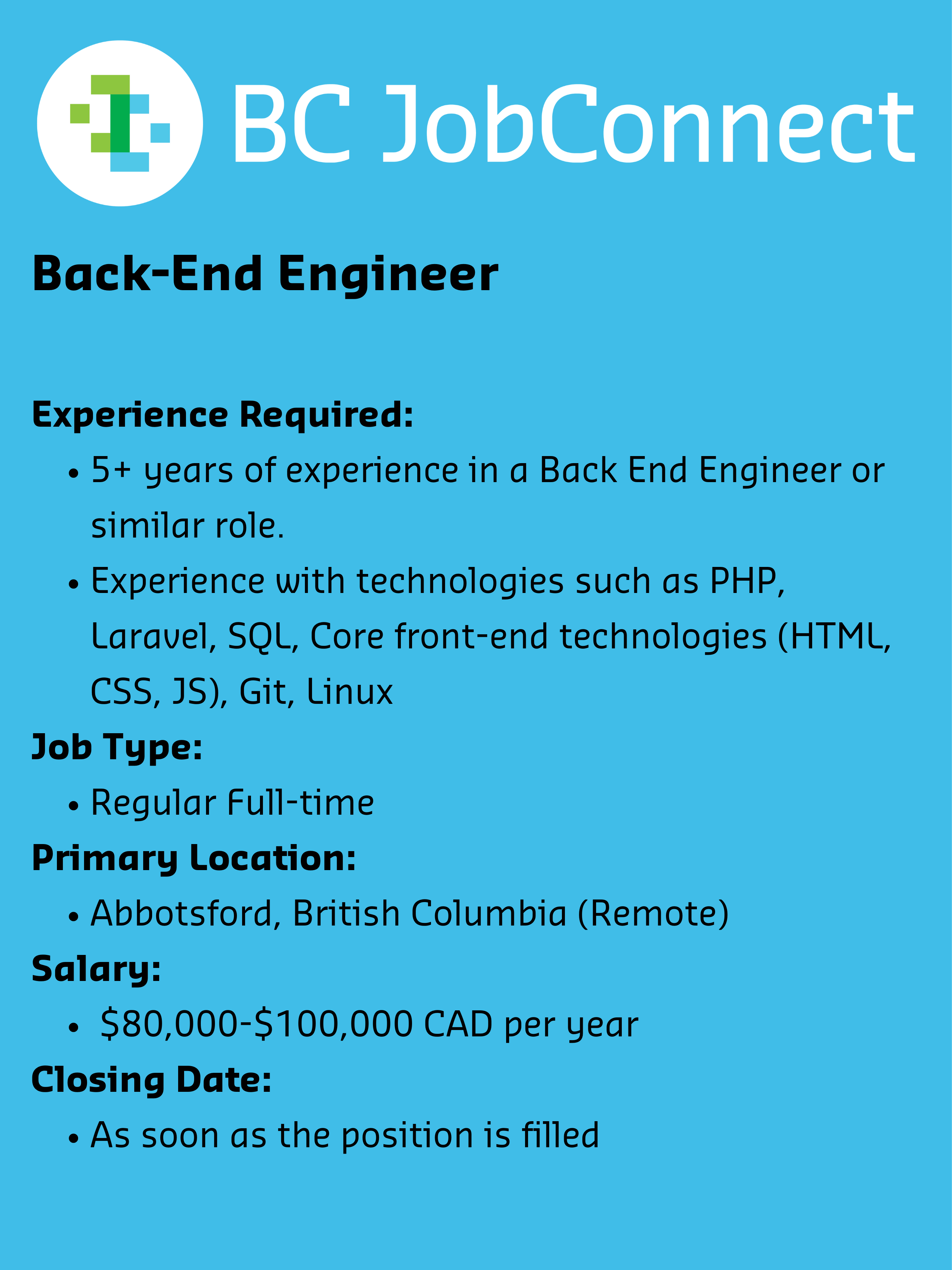 Job Posting BackEnd Engineer (Musora) IECBC BC Job Connect